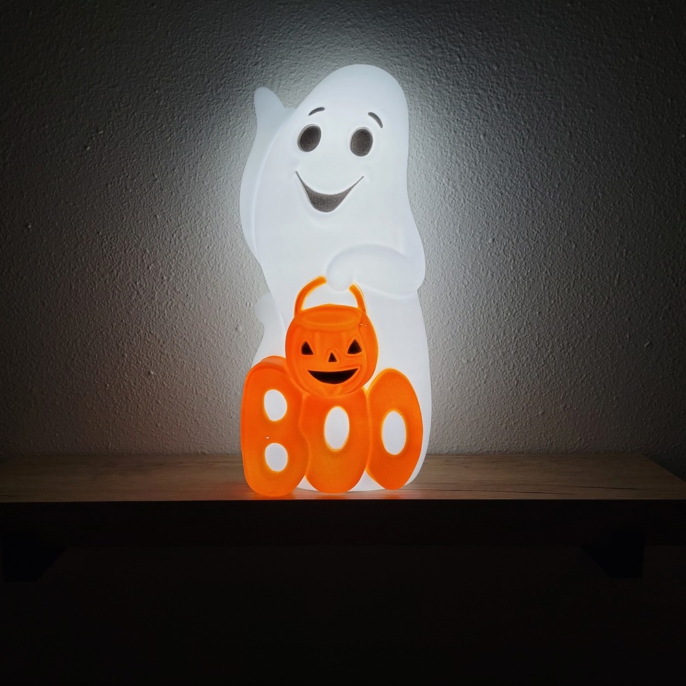 Hyde Eek Halloween Light Up Ghost Blow Mold Boo Pumpkin White Kitsch Spooky
